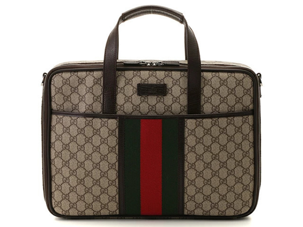 Gucci GG Plus Sherry Briefcase Dark Brown Beige Cream Calfskin